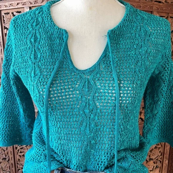 Vintage Teal Cotton Crochet Knit Tie-Neck Quarter Sleeve Sweater Boho Beach - Picture 3 of 13